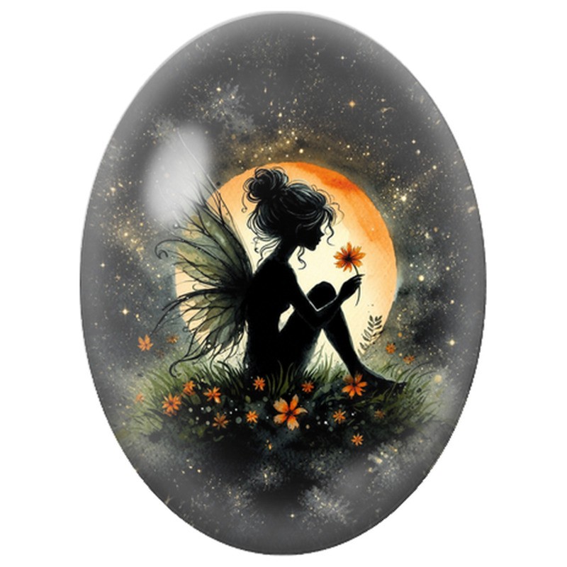 Cabochon en Verre Illustré Fée Orange sous la Lune 13x18, 18x25 ou 30x40mm
