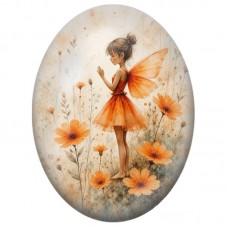 Cabochon en Verre Illustré Fée Orange parmi les Fleurs 13 x 18, 18 x 25 ou 30 x 40 mm pour la Création de Bijoux Fantaisie - DIY