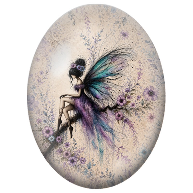 Cabochon en Verre Illustré Fée Violette sur une Branche Fleurie 13x18, 18x25 ou 30x40mm