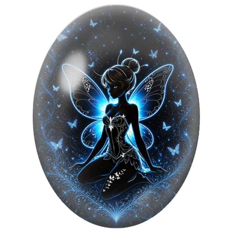 Cabochon en Verre Illustré Fée Bleue aux Papillons 13x18, 18x25 ou 30x40mm