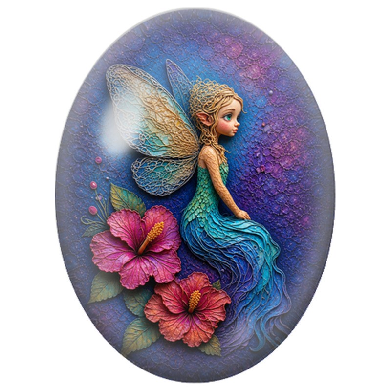 Cabochon en Verre Illustré Fée Sirène aux Fleurs D’hibiscus 13x18, 18x25 ou 30x40mm