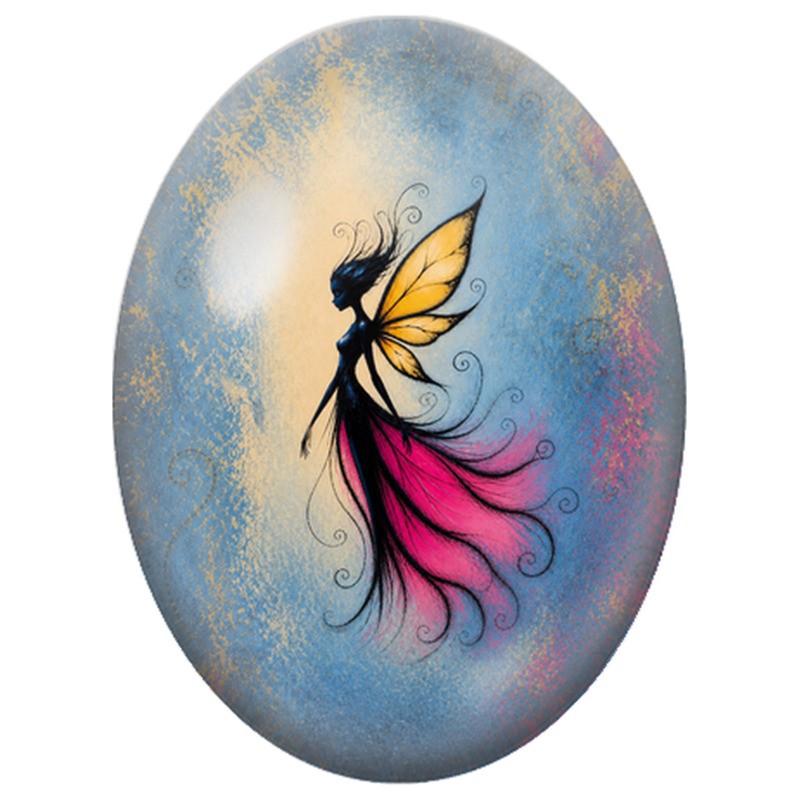 Cabochon en Verre Illustré Fée aux Ailes Jaunes 13x18, 18x25 ou 30x40mm