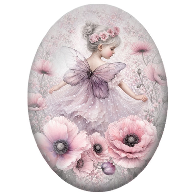 Cabochon en Verre Illustré Fée Rose parmi les Coquelicots 13x18, 18x25 ou 30x40mm