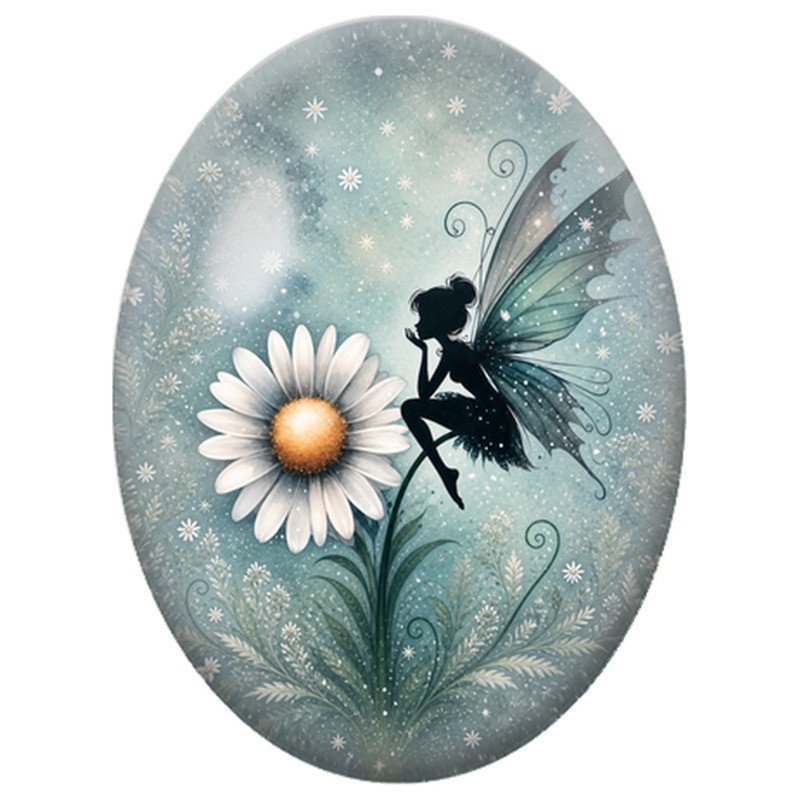 Cabochon en Verre Illustré Fée Noire à la Marguerite 13x18, 18x25 ou 30x40mm