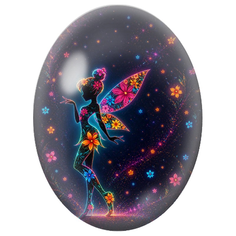 Cabochon en Verre Illustré Fée Fleurie aux Ailes Colorées 13x18, 18x25 ou 30x40mm