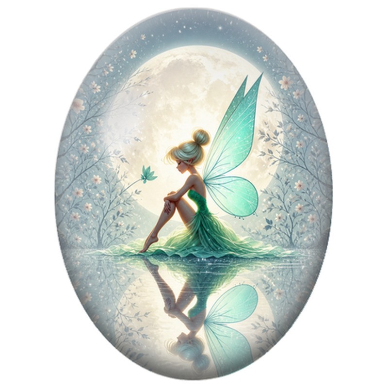 Cabochon en Verre Illustré Fée Verte au Reflet de Lune 13x18, 18x25 ou 30x40mm