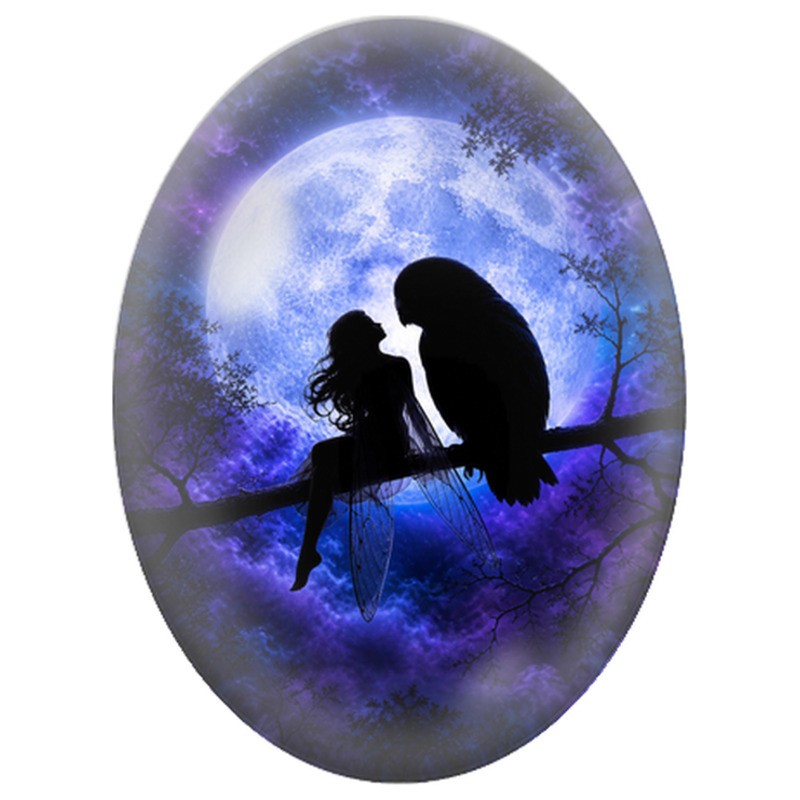 Cabochon en Verre Illustré Fée et Corbeau sous la Lune 13x18, 18x25 ou 30x40mm