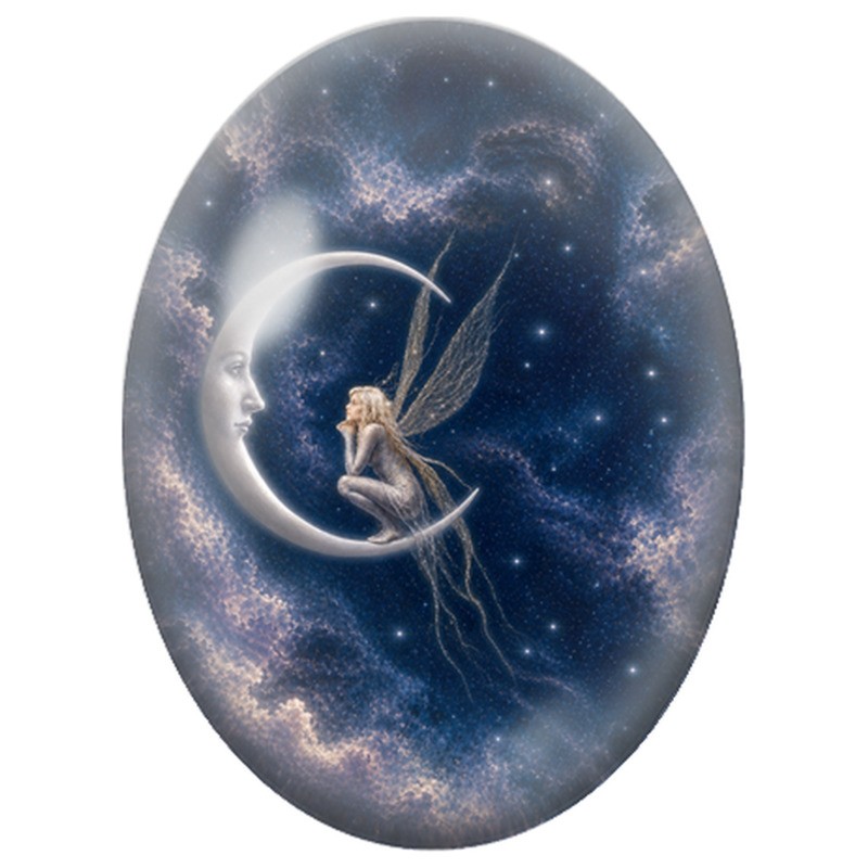 Cabochon en Verre Illustré Fée sur un Croissant de Lune aux Étoiles 13x18, 18x25 ou 30x40mm