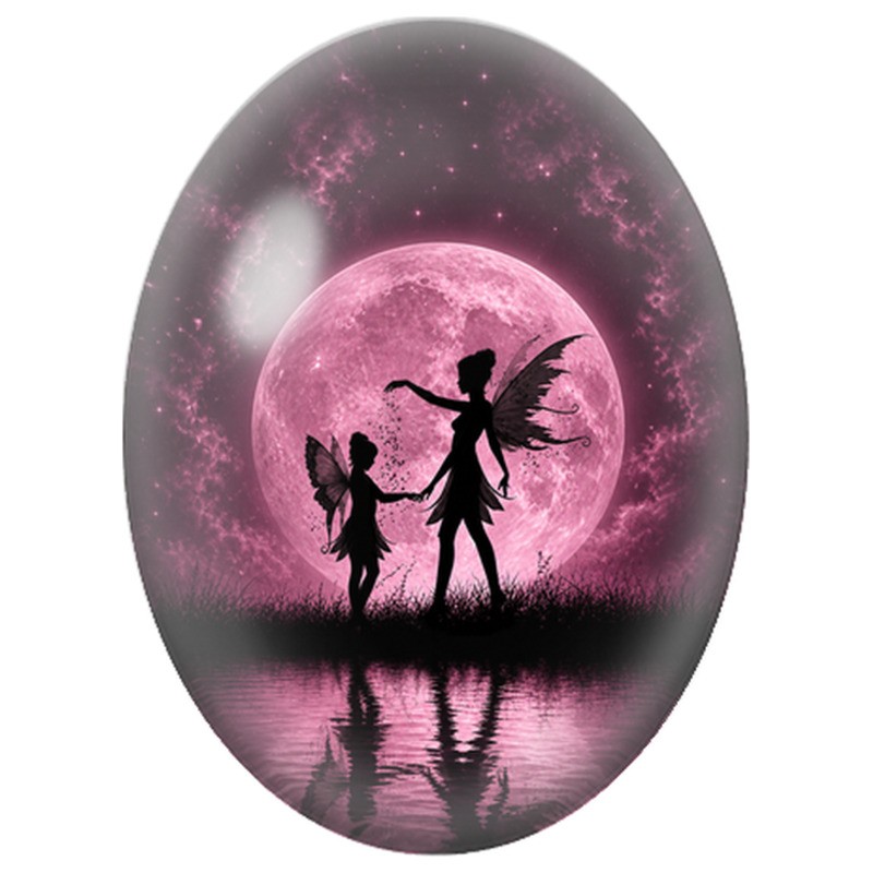 Cabochon en Verre Illustré Fées sous la Lune Rose 13x18, 18x25 ou 30x40mm