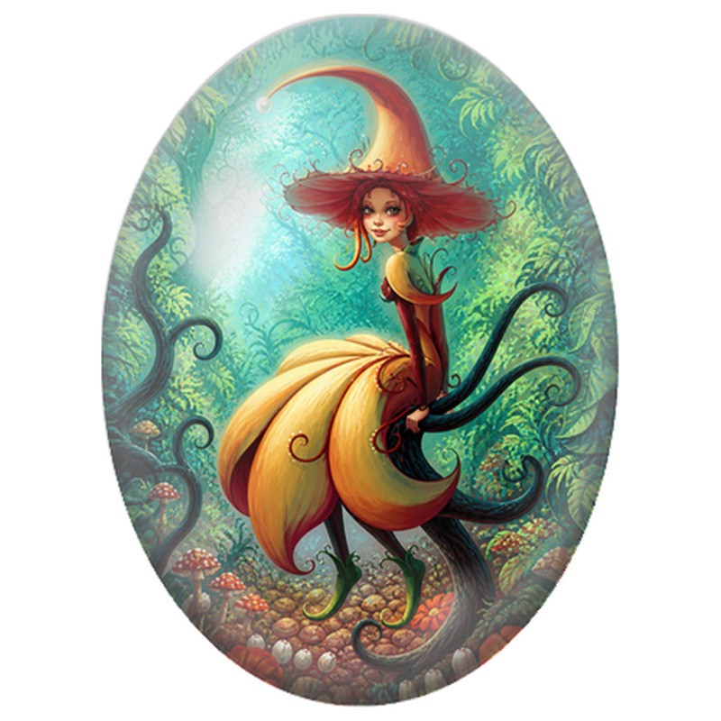 Cabochon en Verre Illustré Fée Champignon au Chapeau Rouge 13x18, 18x25 ou 30x40mm