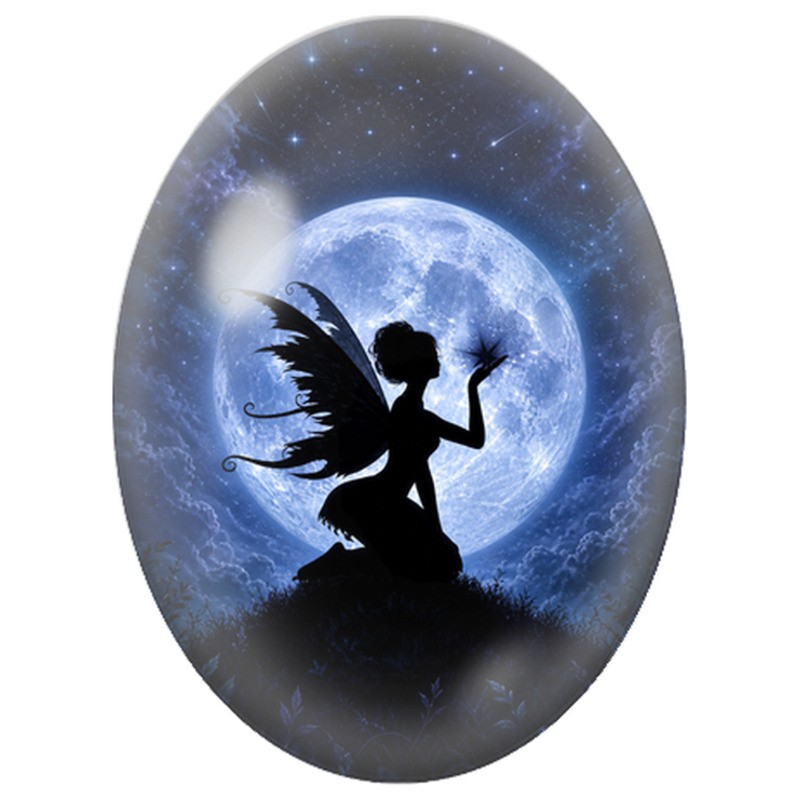 Cabochon en Verre Illustré Fée au Papillon sous la Lune 13x18, 18x25 ou 30x40mm