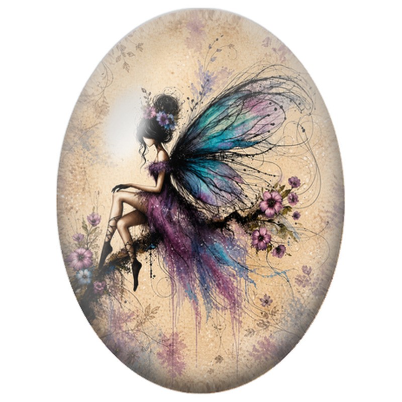 Cabochon en Verre Illustré Fée Violette aux Ailes Turquoise 13x18, 18x25 ou 30x40mm