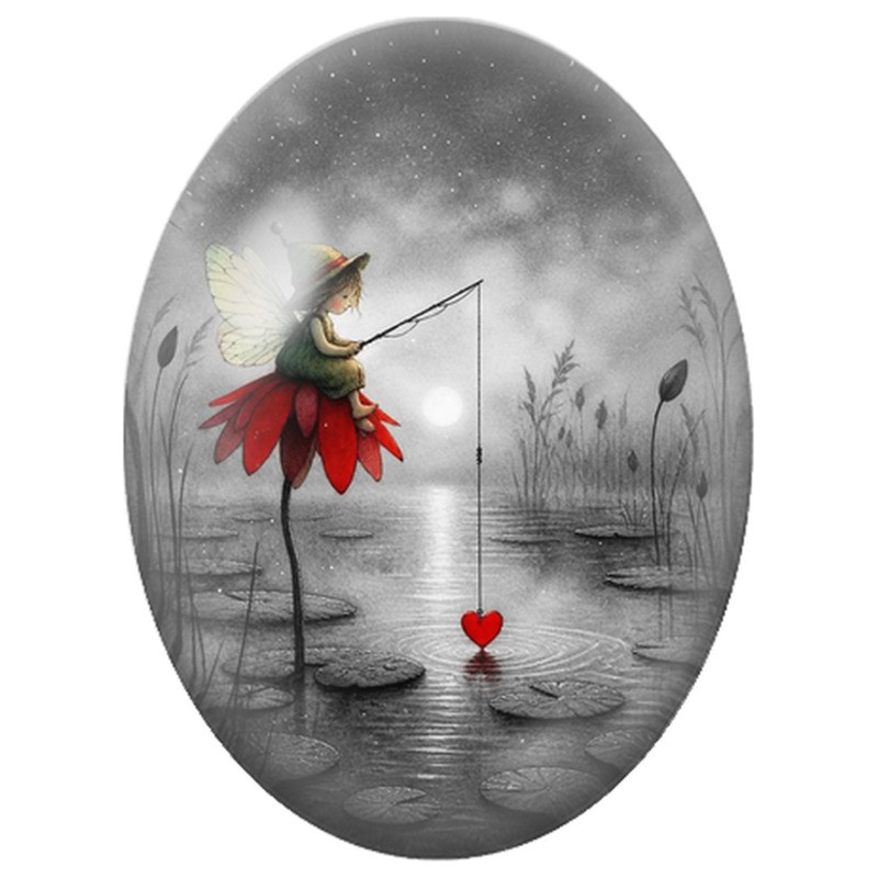 Cabochon en Verre Illustré Fée au Cœur sur le Lac 13x18, 18x25 ou 30x40mm