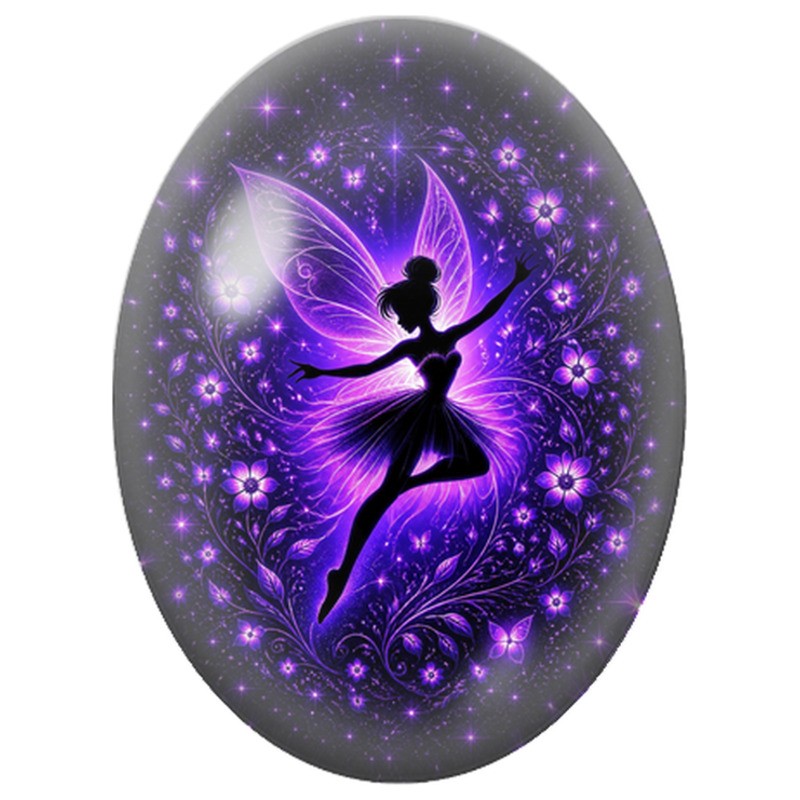 Cabochon en Verre Illustré Fée Violette parmi les Fleurs 13x18, 18x25 ou 30x40mm