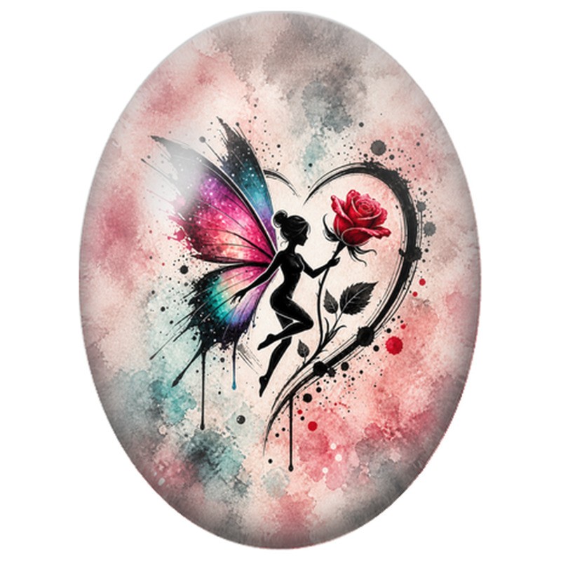 Cabochon en Verre Illustré Fée à la Rose Rouge 13x18, 18x25 ou 30x40mm