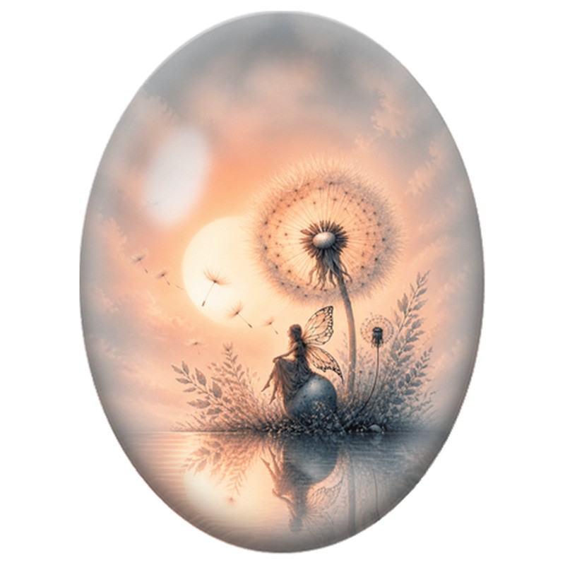 Cabochon en Verre Illustré Fée au Pissenlit au Soleil Couchant 13x18, 18x25 ou 30x40mm