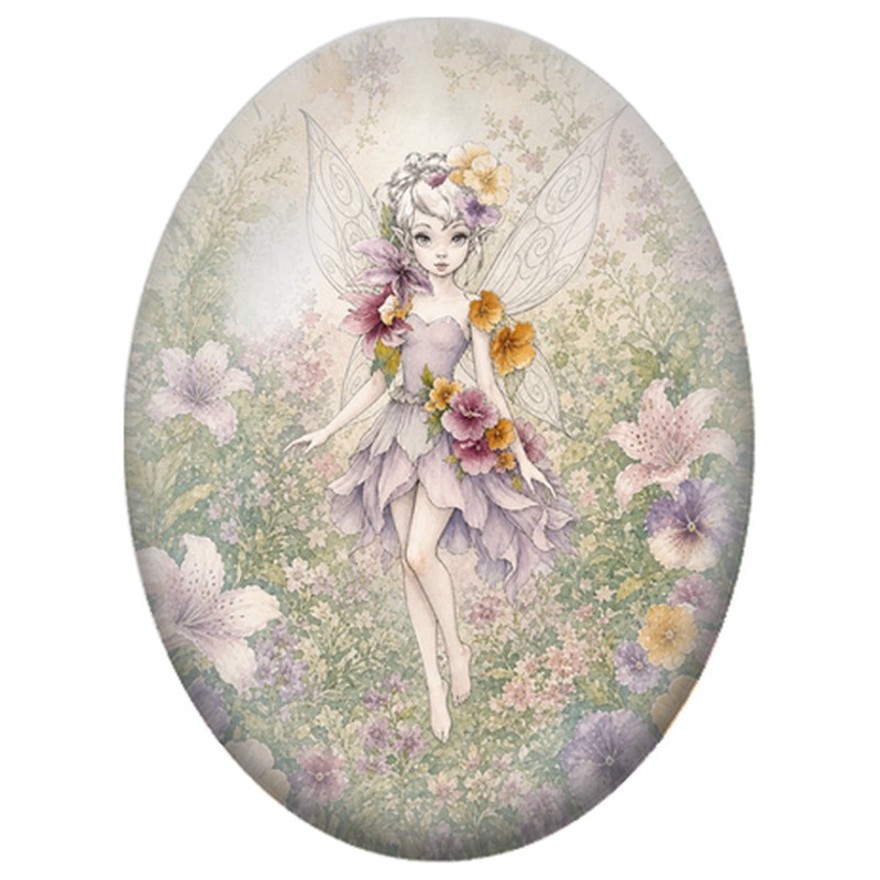 Cabochon en Verre Illustré Fée Fleurie aux Ailes Fines 13x18, 18x25 ou 30x40mm