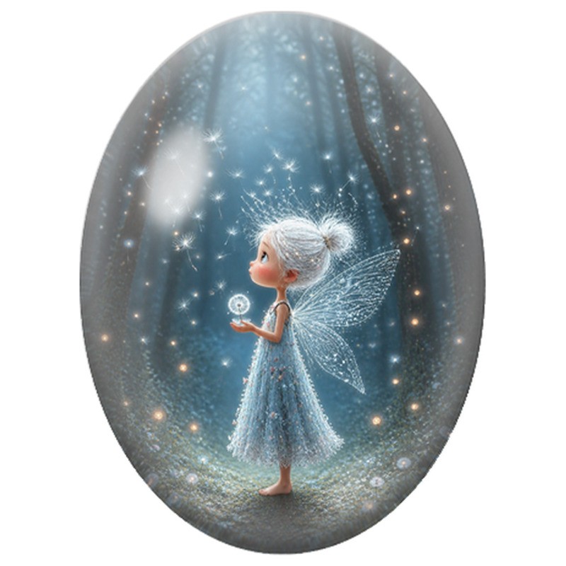 Cabochon en Verre Illustré Fée au Pissenlit dans la Forêt 13x18, 18x25 ou 30x40mm