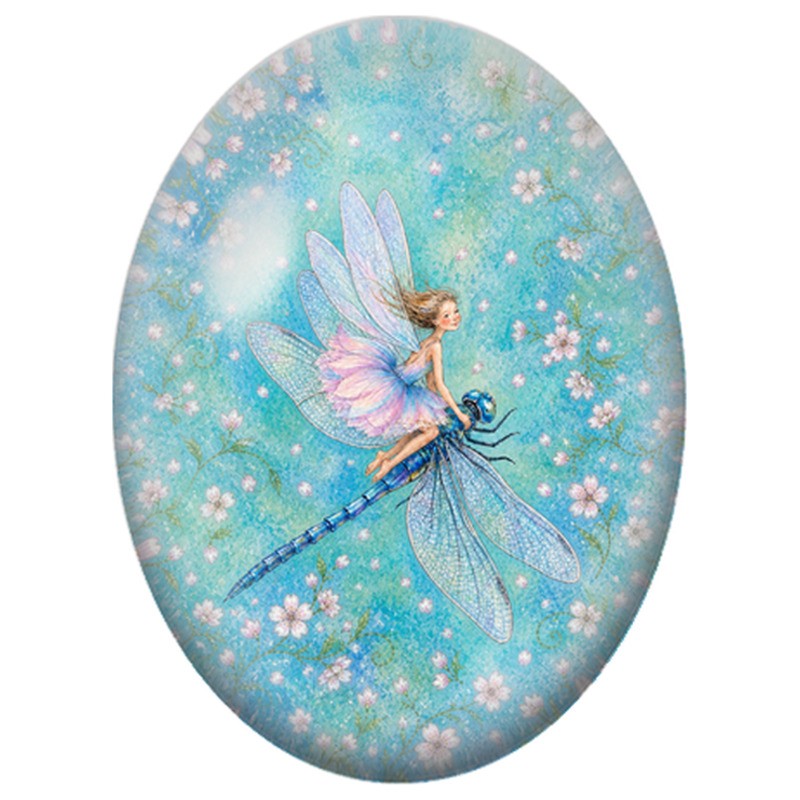 Cabochon en Verre Illustré Fée sur une Libellule 13x18, 18x25 ou 30x40mm