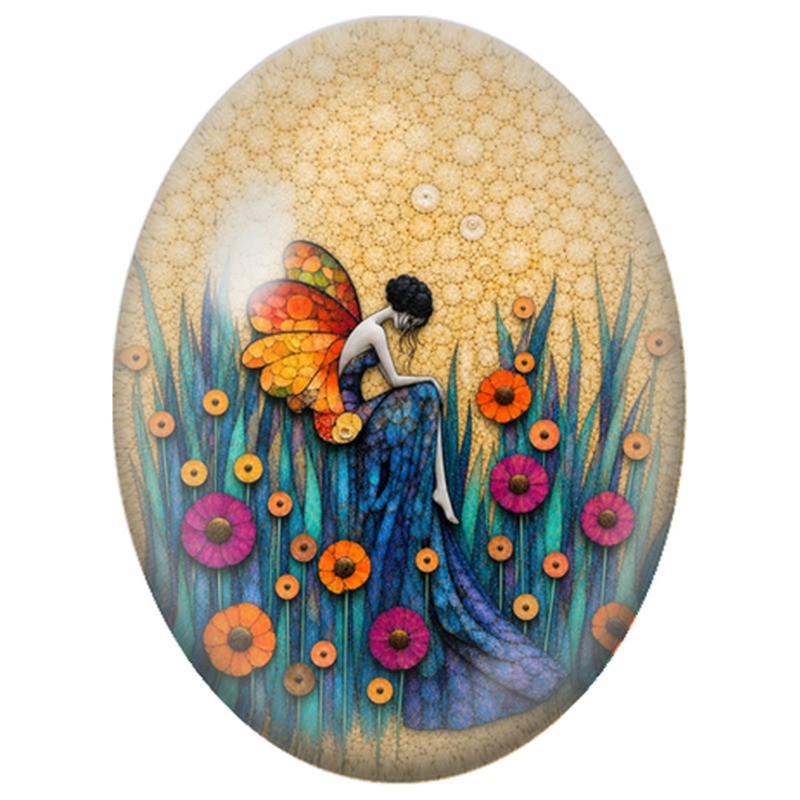 Cabochon en Verre Illustré Fée Sirène dans les Fleurs 13x18, 18x25 ou 30x40mm