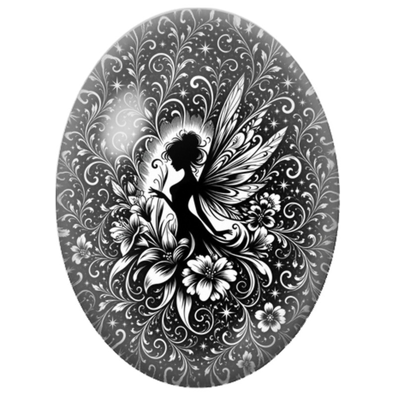 Cabochon en Verre Illustré Fée Monochrome aux Fleurs 13x18, 18x25 ou 30x40mm