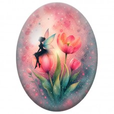 Cabochon en Verre Illustré Fée sur une Tulipe Rose 13 x 18, 18 x 25 ou 30 x 40 mm pour la Création de Bijoux Fantaisie - DIY