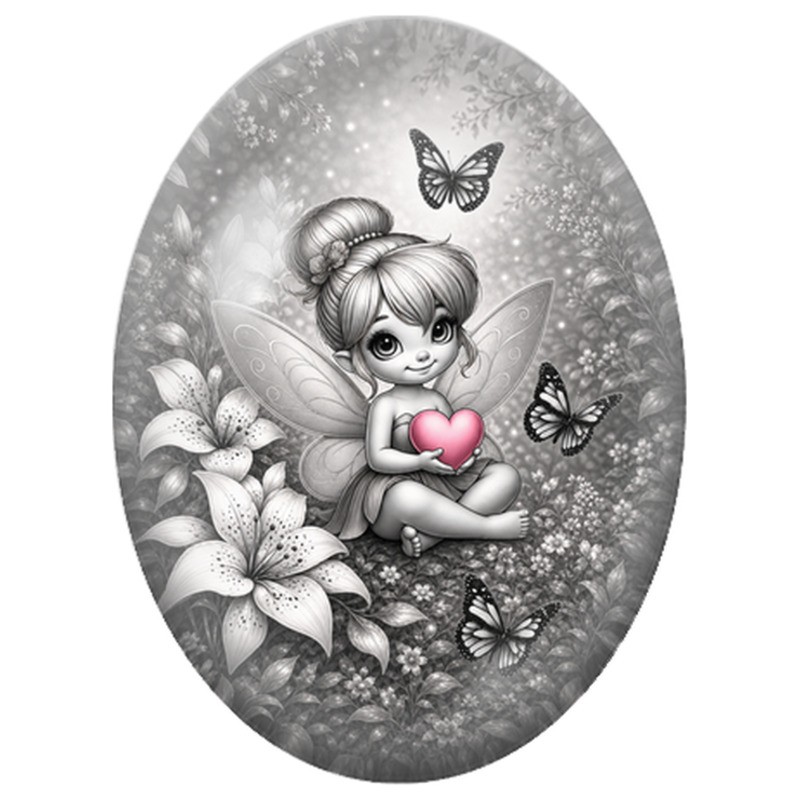 Cabochon en Verre Illustré Fée au Cœur Rose et aux Papillons 13x18, 18x25 ou 30x40mm