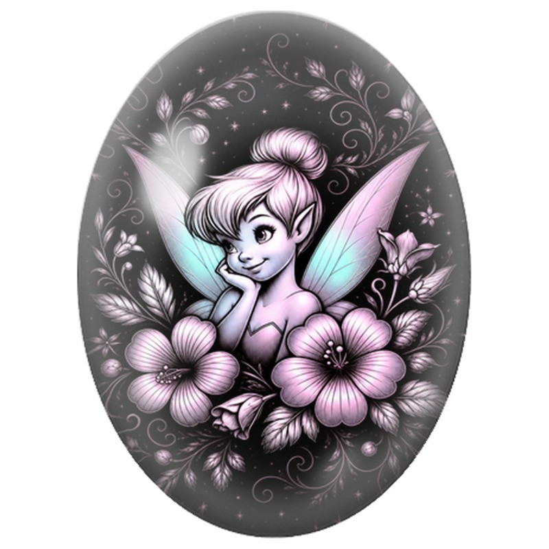 Cabochon en Verre Illustré Fée Rose parmi les Fleurs 13x18, 18x25 ou 30x40mm