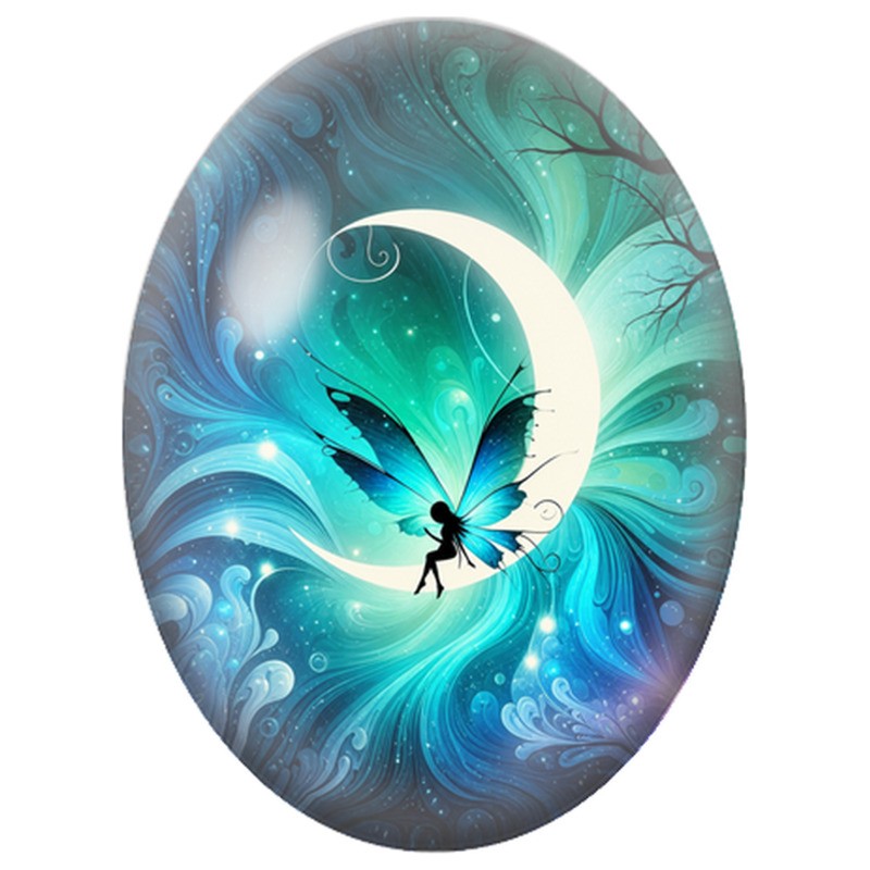 Cabochon en Verre Illustré Fée Bleue sur un Croissant 13x18, 18x25 ou 30x40mm