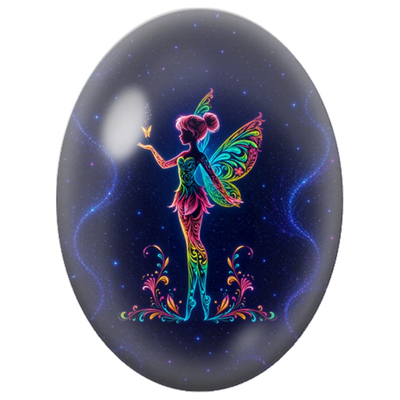 Cabochon en Verre Illustré Fée Néon au Papillon 13x18, 18x25 ou 30x40mm