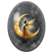 Cabochon en Verre Illustré Fée Dorée sur un Croissant 13 x 18, 18 x 25 ou 30 x 40 mm pour la Création de Bijoux Fantaisie - DIY