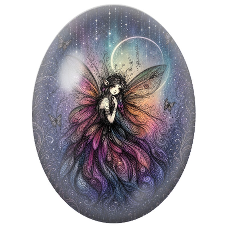 Cabochon en Verre Illustré Fée aux Ailes Brodées 13x18, 18x25 ou 30x40mm