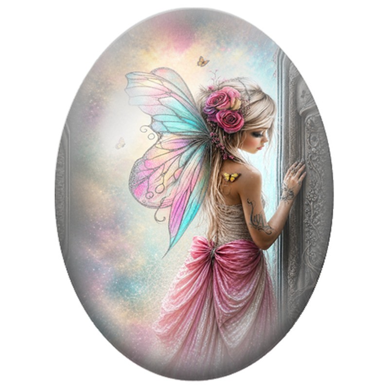 Cabochon en Verre Illustré Fée Tatouée aux Roses 13x18, 18x25 ou 30x40mm