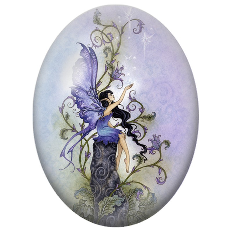 Cabochon en Verre Illustré Fée Violette sur une Souche 13x18, 18x25 ou 30x40mm