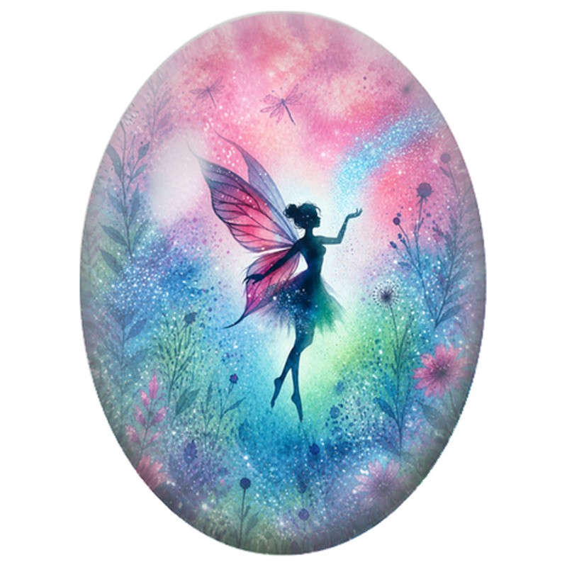 Cabochon en Verre Illustré Fée Arc-en-ciel dans les Fleurs 13x18, 18x25 ou 30x40mm