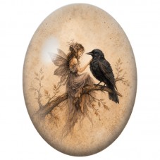 Cabochon en Verre Illustré Fée et Corbeau sur une Branche 13 x 18, 18 x 25 ou 30 x 40 mm pour la Création de Bijoux Fantaisie - 