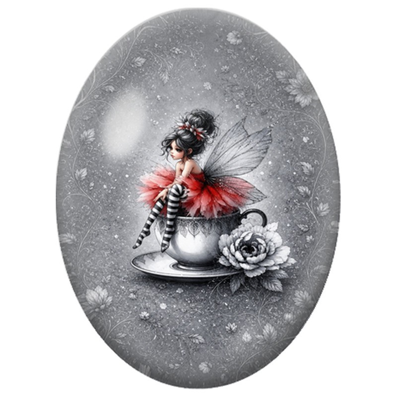 Cabochon en Verre Illustré Fée Rouge dans une Tasse 13x18, 18x25 ou 30x40mm