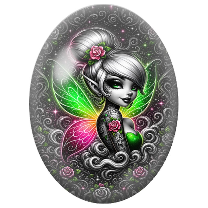 Cabochon en Verre Illustré Fée Gothique aux Ailes Néon 13x18, 18x25 ou 30x40mm