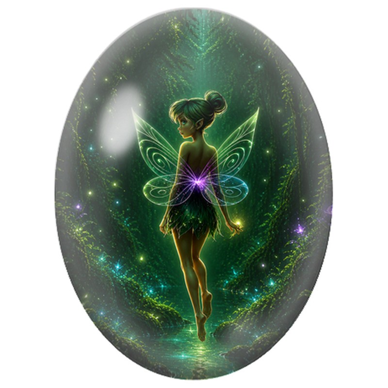 Cabochon en Verre Illustré Fée Verte dans la Forêt 13x18, 18x25 ou 30x40mm