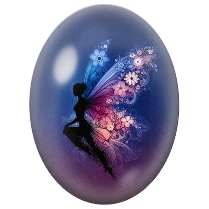 Cabochon en Verre Illustré Fée aux Ailes Fleuries 13x18, 18x25 ou 30x40mm