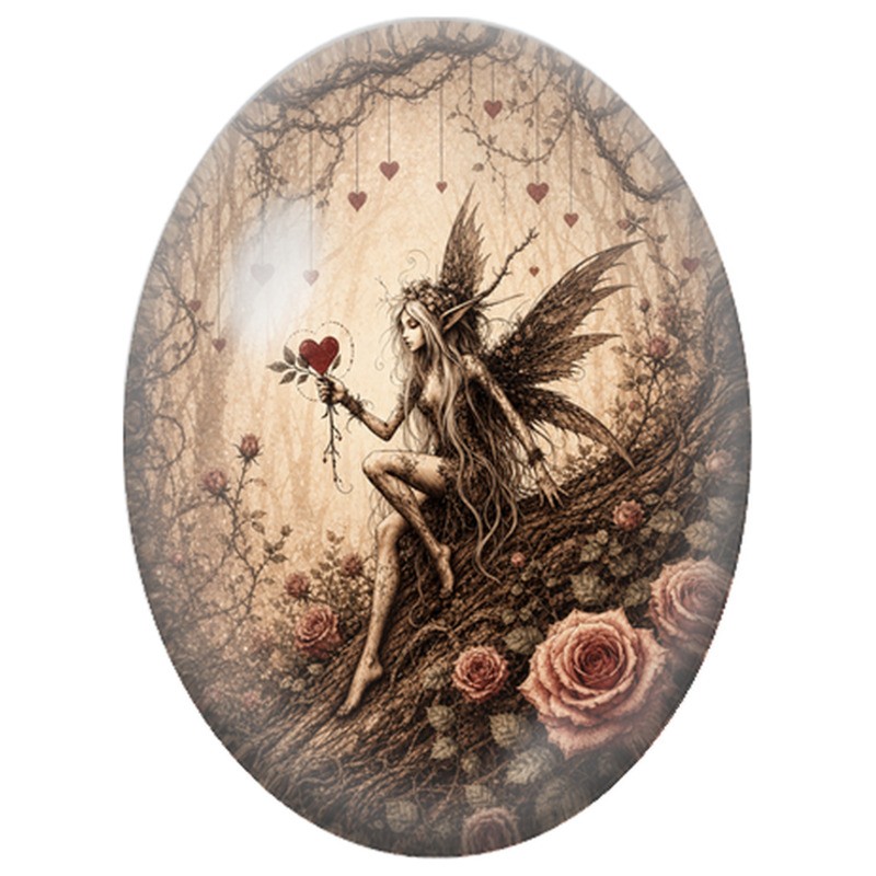 Cabochon en Verre Illustré Fée au Cœur parmi les Roses 13x18, 18x25 ou 30x40mm