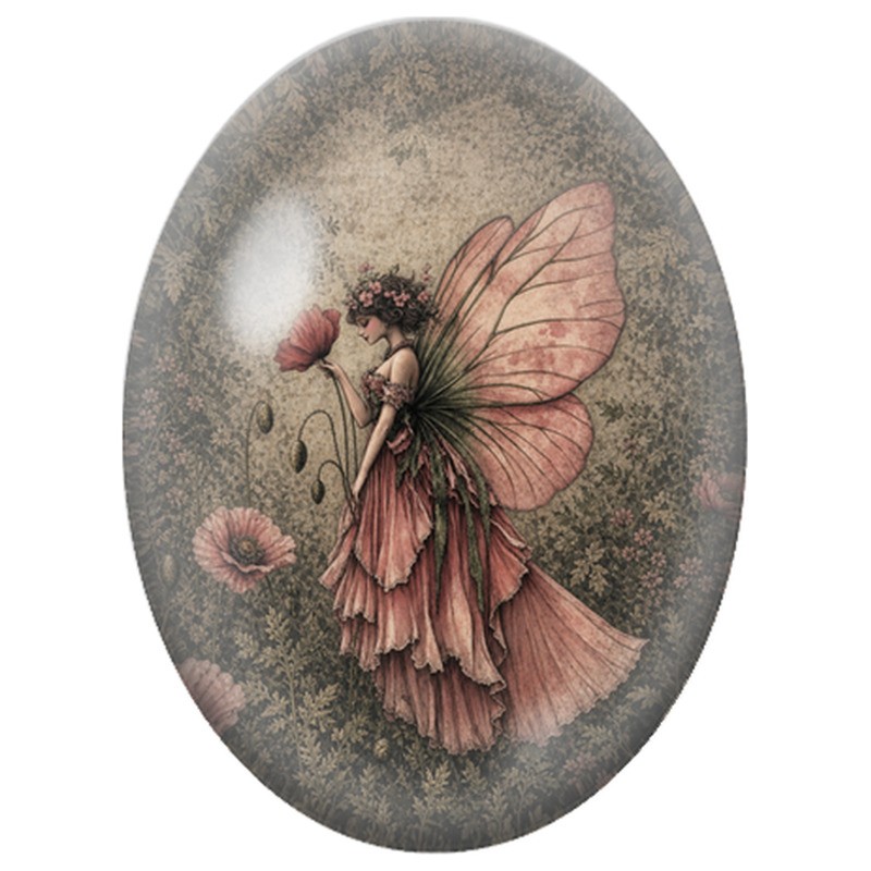 Cabochon en Verre Illustré Fée Rose au Coquelicot 13x18, 18x25 ou 30x40mm