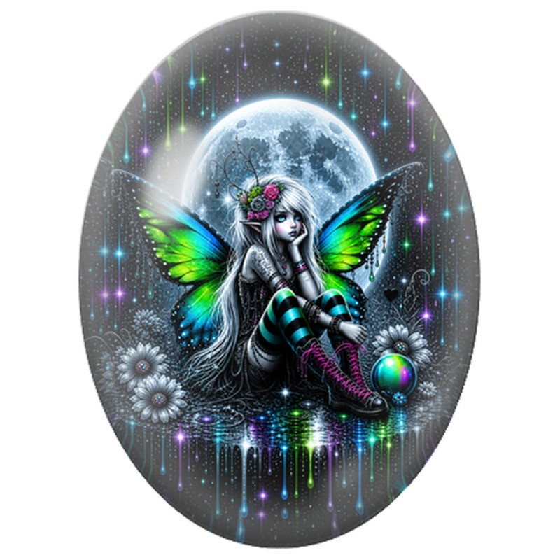 Cabochon en Verre Illustré Fée Rock aux Ailes Vertes 13x18, 18x25 ou 30x40mm