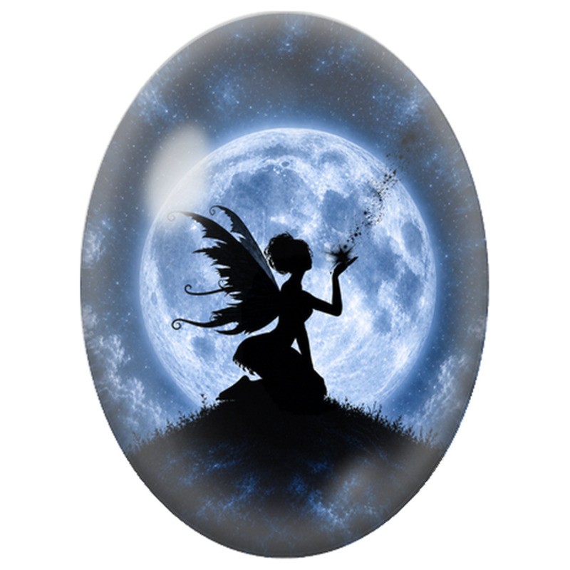 Cabochon en Verre Illustré Fée à la Pleine Lune 13x18, 18x25 ou 30x40mm