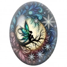 Cabochon en Verre Illustré Fée sur une Branche Lunaire 13 x 18, 18 x 25 ou 30 x 40 mm pour la Création de Bijoux Fantaisie - DIY