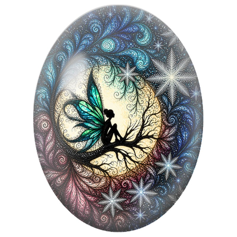 Cabochon en Verre Illustré Fée sur une Branche Lunaire 13x18, 18x25 ou 30x40mm