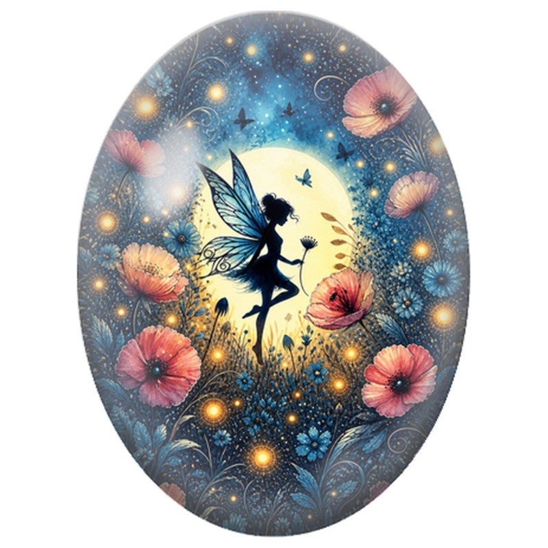 Cabochon en Verre Illustré Fée Bleue parmi les Coquelicots 13x18, 18x25 ou 30x40mm