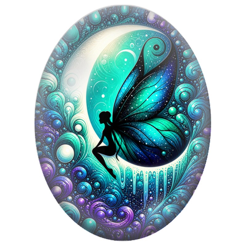 Cabochon en Verre Illustré Fée Turquoise au Croissant 13x18, 18x25 ou 30x40mm
