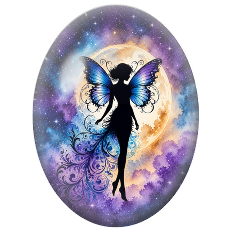 Cabochon en Verre Illustré Fée Bleue Devant la Lune 13x18, 18x25 ou 30x40mm