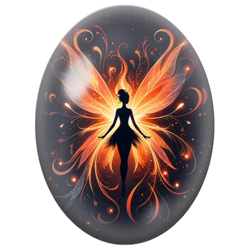 Cabochon en Verre Illustré Fée aux Ailes de Feu 13x18, 18x25 ou 30x40mm